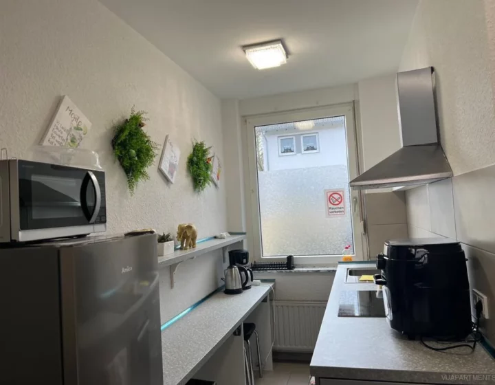 Küchenzeile mit Kochfeld und Dunstabzug – Apartment 5 in Bochum