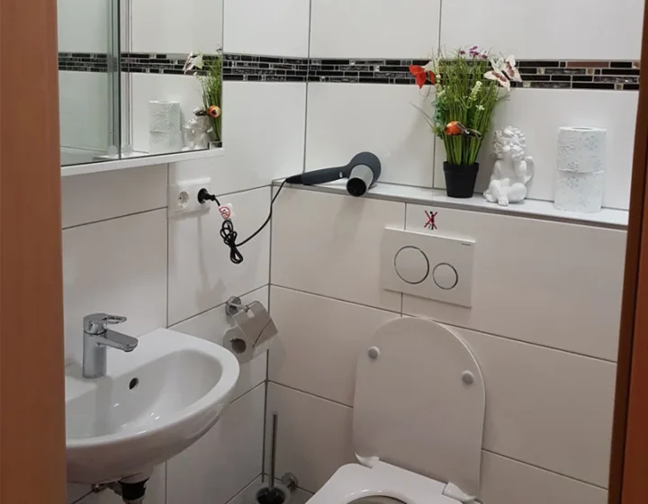 Badezimmer mit WC, Waschbecken und Waschmaschine – Apartment 1B in Dortmund